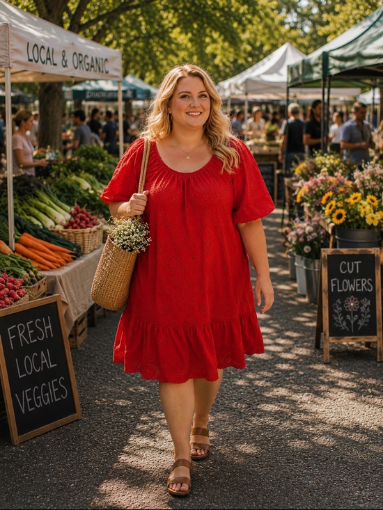 M Made In Italy Dresses & Skirts - Bright Red Eyelet Dress with Puff Sleeves